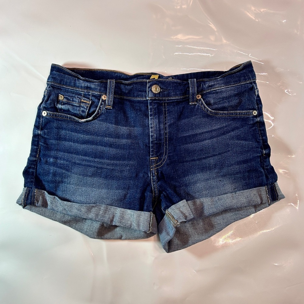 7 For All Mankind Womens Dark Wash Cuffed Denim Shorts Size 28 Stretch Jean
